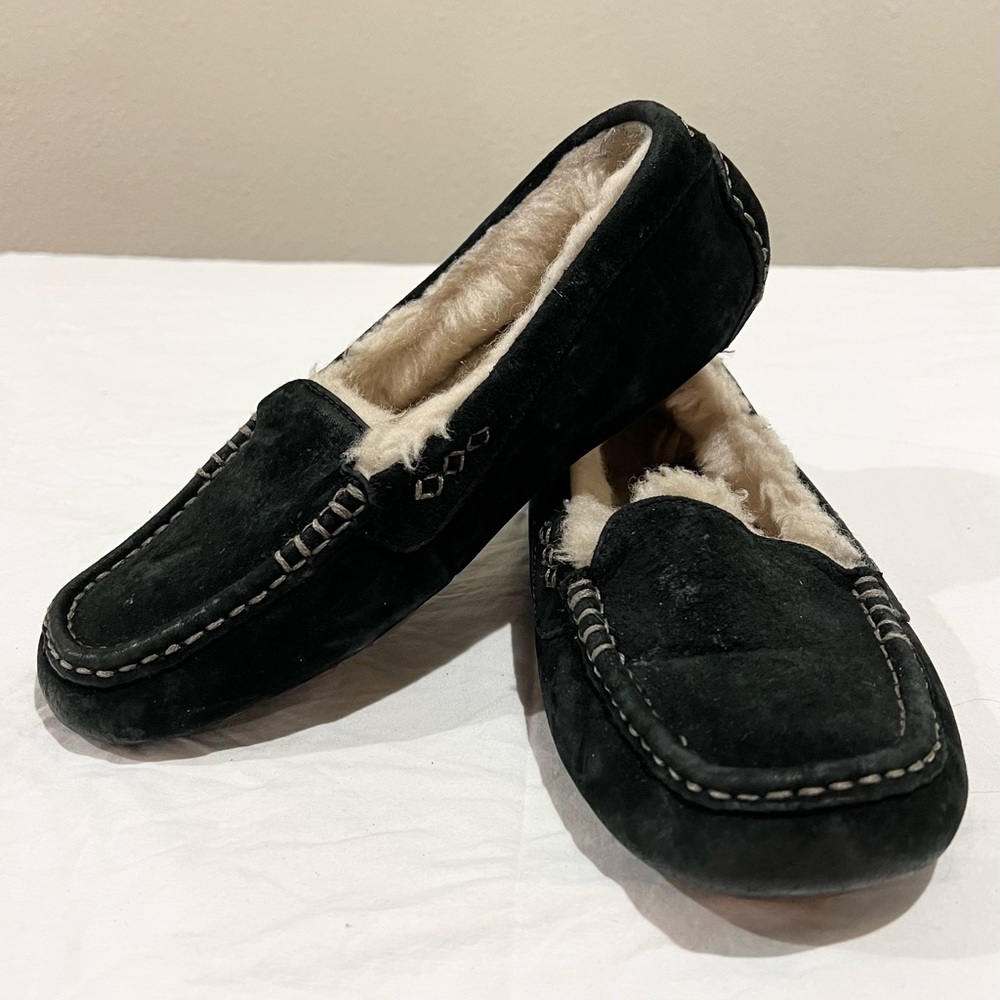 UGG Ansley Suede, Shearling-Lined Loafer Slippers - Black